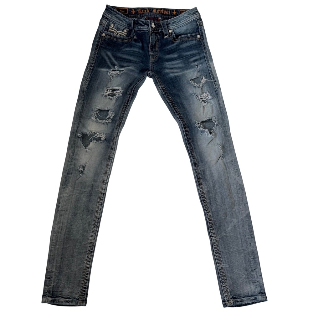 Rock Revival Arda Skinny Distressed Jeans Women's 28 Blue Low Rise Embellished - Picture 3 of 5